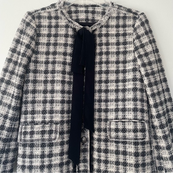 ZARA Check Tweed Frayed Coat With Bow Detail - Picture 5 of 6